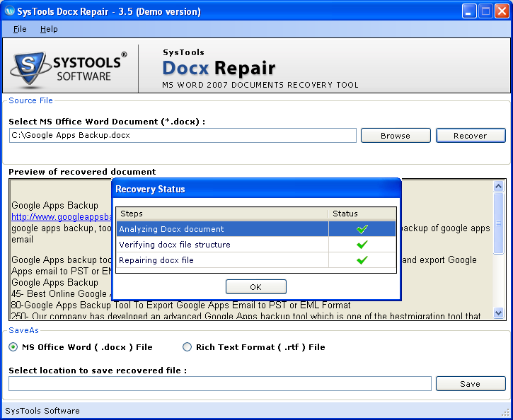 Click to view How to Recover Corrupted DOCX File 3.5 screenshot